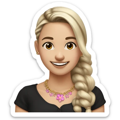 Slavic girl, light skin, brown eyes, long black-to-blonde ombre straight ponytail, smiling with teeth, wearing a black blouse with a pattern of small pink flowers, a gold chain with a round pendant around her neck. sticker