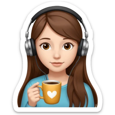 Girl with long brown hair and long eyelashes wearing headphones and holding a cup of coffee sticker