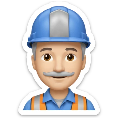 A man emoji with light skin, wearing a blue construction helmet, short gray hair on the sides, straight eyebrows, brown eyes, a small nose, and a thin gray mustache above his smiling mouth. sticker