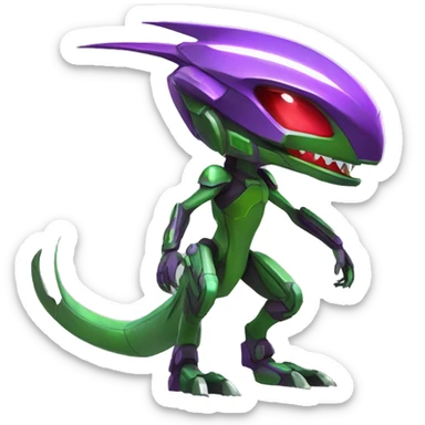 a shiny purple-green-red Genesect-Raptor-Fakémon—hybrid with a futuristic visor-helmet full body sticker