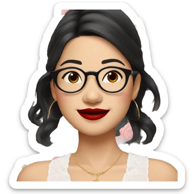 Asian girl, smiling with teeth and dimples on the cheeks, fair skin, black long hair, black eyes, black glasses with gold frames, red lipstick, wearing a white lace tank top and a black office jacket on top, with pink and red roses around her sticker