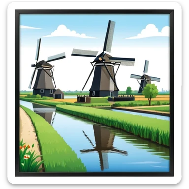 cinematic-realistic-kinderdijk-windmills-landmark-emoji,-showcasing-traditional-dutch-windmills-aligned-along-a-tranquil-canal,-with-lush-green-fields in a picture frame sticker