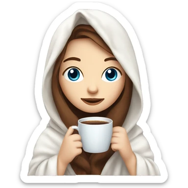 girl with pale skin with bleu eyes and brown long hair inside a white blanket sipping coffee sticker