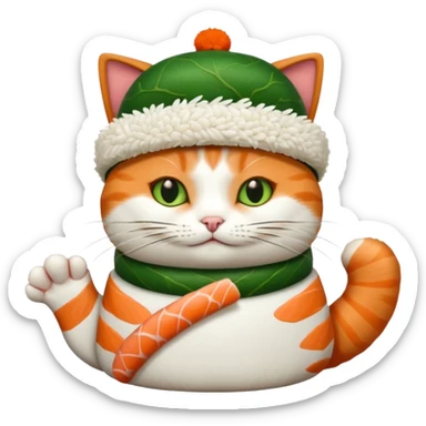 cat with its paws crossed wearing a hat made out of sushi sticker