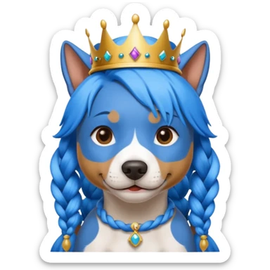 blue haired dog with braided hair and a crown sticker