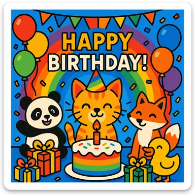 vibrant-toon style birthday party scene with a rainbow color theme including rainbow balloons, multicolored decorations, confetti, a large rainbow birthday cake, gifts, and a festive atmosphere. Main character is a ginger tabby kitten wearing a birthday hat, surrounded by a panda, fox, and duck also celebrating. Prominent 'Happy Birthday!' message included in the scene. sticker