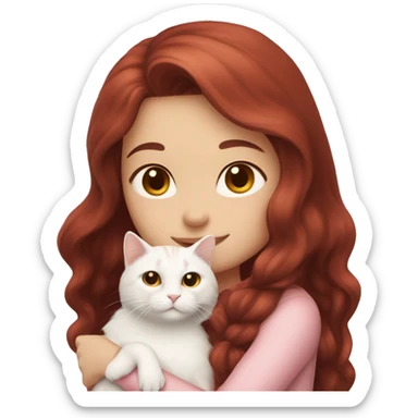 girl with long very dark red hair and brown eyes and light pink outfit hugging a white ginger scottish cat  sticker