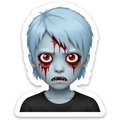  3D emoji-style avatar with very pale blue-grey zombie skin , a young Asian face, and large eyes with blood tears. Give it white litle bit messy mullet hair style , silver hoop earrings, and a plain black T-shirt. The face expression should be slightly angry, with vampire fang sticker