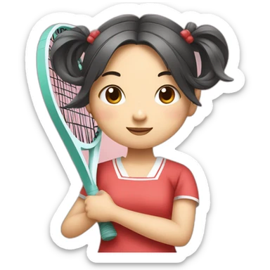 a little chinese girl with two pig tails hair style hugging a tennis racket to her chest in paper art style sticker