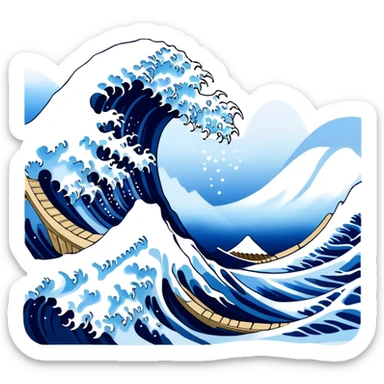 Cinematic Realistic Great Wave off Kanagawa, depicted as a colossal, crashing wave with dynamic blue hues and frothy white crests, rendered with intricate textures and fluid motion that captures both the timeless power and poetic beauty of the iconic Japanese artwork sticker