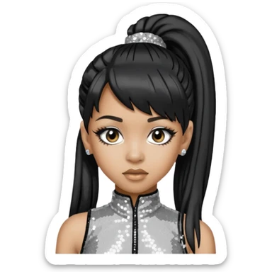 Left Eye from TLC with long black ponytail hair, silver sequin outfit sticker