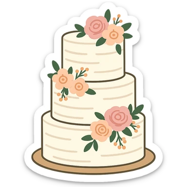 flat toon white buttercream three-tiered wedding cake with flowers sticker