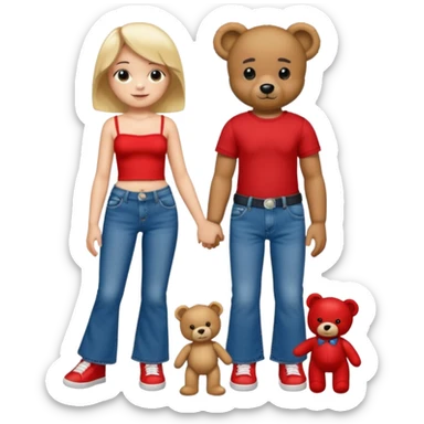 A boy and a girl teddy bear for the boy bear put on true religion shirt and jeans with black shoes and for the girl put flare jeans and a red tube top and white shoes just bears not the humans  sticker