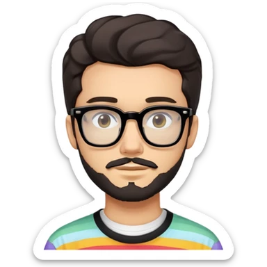 young adult man with light skin, short beard, dark wavy hair, relaxed expression, very wide rectangular glasses with thick black acetate frame and thick double bridge, retro oversized style, colorful open shirt and white t-shirt sticker