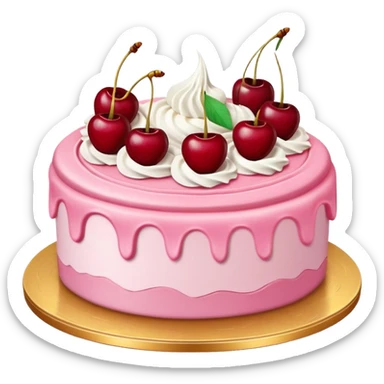 Round pink frosted cake with textured buttercream sides, placed on a gold cake board.
White whipped cream swirls on top, each topped with glossy red cherries with stems, clean studio lighting, isolated background, realistic minimal smooth emoji-style. sticker