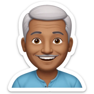 50 yr old indian man, dark skin, grey hair, big smile, white teeth, chubby, no moustache, clean shaven, young style hair, bindy, hair brushed back, stubble sticker