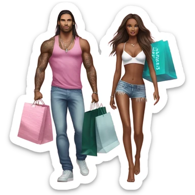 Photo of Victoria secret model shopping with a tattooed male model carrying bags sticker
