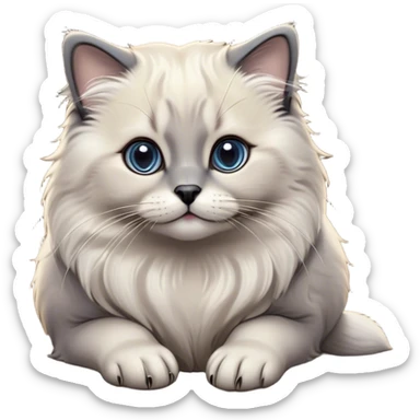 Cinematic Adorable Fluffy Grey Seal Ragdoll Cat Portrait Emoji, Head tilted cutely with big, sparkling eyes, soft grey fur with darker seal points on the ears, face, and paws, Simplified yet irresistibly adorable features, highly detailed, glowing with a soft, warm glow, high shine, affectionate and playful, stylized with a touch of whimsy, bright and endearing, soft glowing outline, capturing the essence of a curious and loving kitten, so cute it feels like it could leap out of the screen and snuggle up for a cuddle! sticker