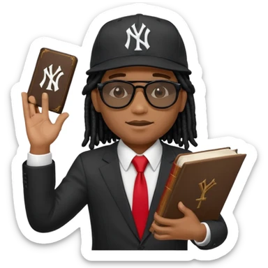 African American man with shoulder length black dreadlocks wearing black sunglasses wearing a New York Yankees logo baseball cap wearing a black suit with white shirt and red tie with a Bible in right hand with left hand raise out standing behind a church pulpit sticker