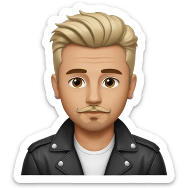 guy with slick James dean hair with front tendrils, mustache and goatee facial hair, wearing a white shirt and a black leather jacket , several silver piercings in ear sticker