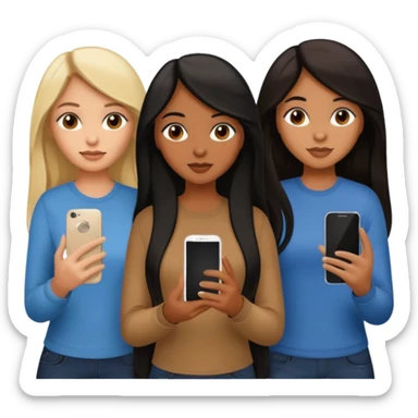3 brown girl friends with a phone on their hand, one with black long hair, one with brown hair long and the other one with black and blonde hair,  sticker