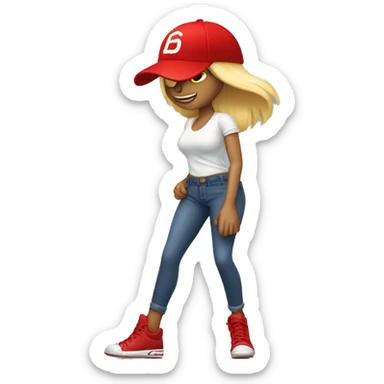 Female leg in pants and high heels stomping on a red baseball cap sticker