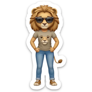 friendly anthropomorphised female lion character, full body, standing confidently with arms folded, wearing jeans, a t-shirt, and dark sunglasses, with a confident smile sticker