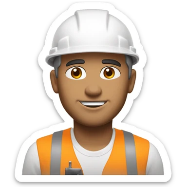 construction worker, full head shot, 3/4 view of face, white hard hat, male, adult, slight stubble, strong jawline, clear eyes visible, color palette: white, beige, gray and brown sticker