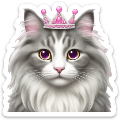 Gray and white Norwegian Forest Cat with a princess tiara and pink bow sticker