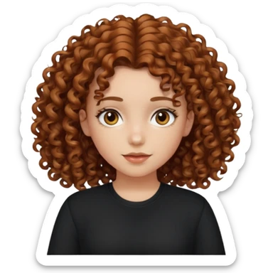 Girl, chestnut colored curly hair, set up hair, black shirt sticker