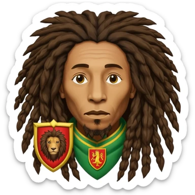 melancholic  Bob Marley with gigantic dread locks in form heraldic crest with ethiopian lion sticker