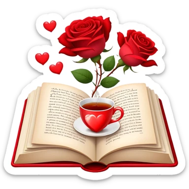 Icon for Romance Reading: an open book with a heart-shaped bookmark, surrounded by roses, a love letter, and a cup of tea, with small hearts and Cupid with bow and arrows flying out of the pages. Transparent background. sticker