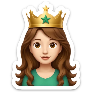 Apple style 3D emoji of a young woman inspired by the Starbucks logo. She has long wavy hair on both sides, a crown with a star on her head, and a soft smile. Smooth, shiny, simple emoji look. sticker