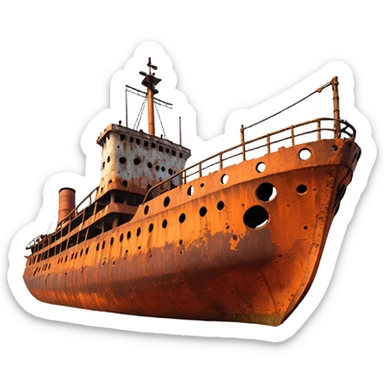rusted ship wreck, heavily corroded metal hull, orange-brown rust textures, abandoned old ship, weathered surface, dramatic lighting, cinematic atmosphere, 3D cartoon style, mobile game environment art, clean composition, no people, no text, no watermark
 sticker