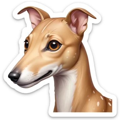 Cinematic Cute Fawn Greyhound Portrait Emoji, Head tilted playfully and inquisitively, featuring a sleek fawn Fur with a gentle sheen, round, sparkling eyes filled with curiosity, Simplified yet irresistibly adorable features, highly detailed, glowing with a warm, friendly glow, high shine, affectionate and nimble, stylized with a touch of whimsy, bright and endearing, soft glowing outline, capturing the essence of a mischievous yet loving racer, so playful it feels like it could sprint out of the screen and into your arms! sticker