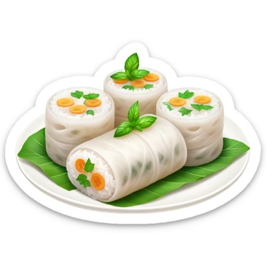 Bánh Cuốn Cinematic Realistic Bánh Cuốn Dish Emoji, depicted as delicate steamed rice rolls garnished with chopped mint on top, rendered with lifelike textures and fresh, vibrant lighting. sticker