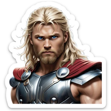 Cinematic Realistic Thor Portrait, depicted with lifelike skin texture and a commanding, muscular build that radiates divine strength. His piercing eyes, framed by rugged, flowing hair and a well-groomed beard, exude both determination and amiable authority. Clad in his signature armor with subtle hints of mystical lightning, the portrait is rendered in dynamic natural lighting with a radiant, heroic glow. sticker