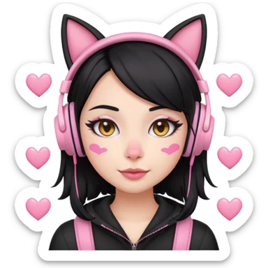 “Emoji girl, pastel pink streaks in black hair hair, bold winged eyeliner, heavy blush on cheeks and nose bridge, under-eye hearts, glossy pink lips, playful smirk and gaming headphones and cat ears.” sticker