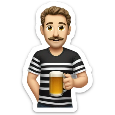 A northern man with a moustache with short mulletish curly brown hair wearing black and white stripe t shirt behind a bar serving a crisp pint of tribute sticker