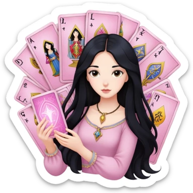 long black hair girl with light pink tarot cards sticker