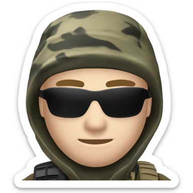 White male, call of duty black mask, camo tactical gear, camo pants, combat boots, black beanie, blue eyes sticker