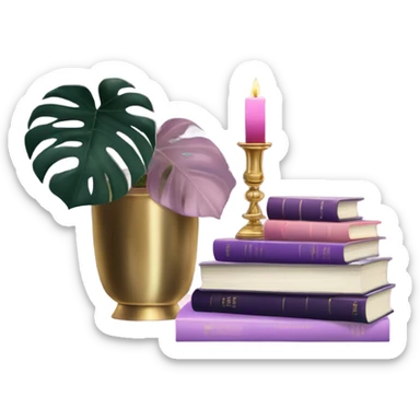 An elegant still life featuring a stack of light and dark violet books, a pink monstera plant, and a brass candle holder. sticker