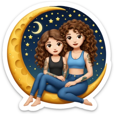 moon bench — long wavy brown hair tattooed woman and short tight curly brown hair woman — sitting on crescent moon sticker