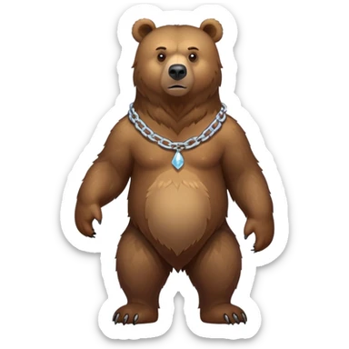 Full-body realistic brown bear on all four legs shown from head to tail, serious expression, complete view of the entire bear with simple ice chain around neck sticker