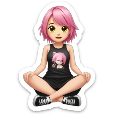 Full body Front view curvy emo girl pink hair sits on the floor straight view hands up black skirt белые трусики sticker