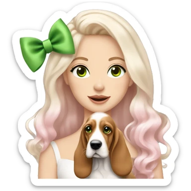 pale blonde girl with long platinum white wavy hair with bright green eyes and wearing a light pink hair bow holding a brown and white basset hound puppy also wearing a hair bow sticker