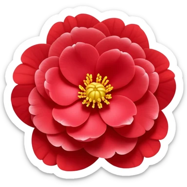 red Japanese camellia flower with layered petals and yellow stamen, flat design sticker