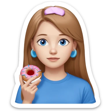 una ragazza dall‘ età di 19 anni con capelli castani chiaro lunghi e lisci ,  occhi celesti,  con addosso una maglietta con una ciambella e le cuffie airpods (bianche) ascoltando violetta sticker