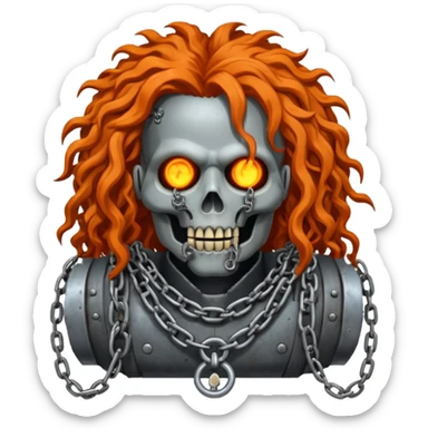 steam-punk Megadeth - iconic corpse made of rusty metal with chains on its teeth, huge curly orange hair sticker
