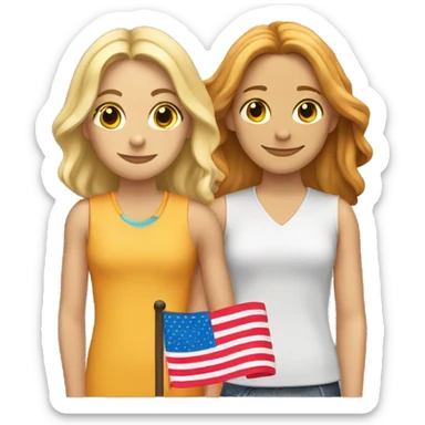 an emoji of two girls in love. one is blonde with shoulder length hair with layers and the other has long wavy auburn hair. they have a pride flag wrapped around them sticker